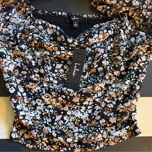 💖 NWT Lulu's Black Brown Pink Ruched Short Sleeve Blouse Size S